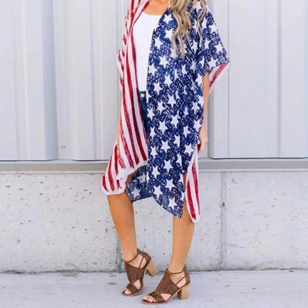 Kimono / shawl / cardigan red white & blue